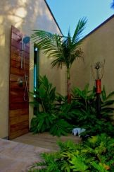 Ipe and limestone outdoor shower